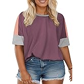 DOLNINE Plus-Size-Tops for Women Summer Color Block Shirts Casual Crewneck Tees Trendy Going Out Side Split Tunics XL-5XL