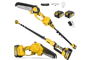 PROTMEX 2-in-1 Cordless Pole Saw 8 Inch＆Mini Chainsaw, with 2×4.0Ah 21V Battery and Charger, Brushless Motor, Total Reach of Max 15ft, Electric Pole Saw for Tree Trimming,Yellow