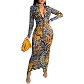 Women's Sheer Mesh Long Sleeve Bodycon Midi Dress Club Night Out Dresses Beach Cover Up Dress