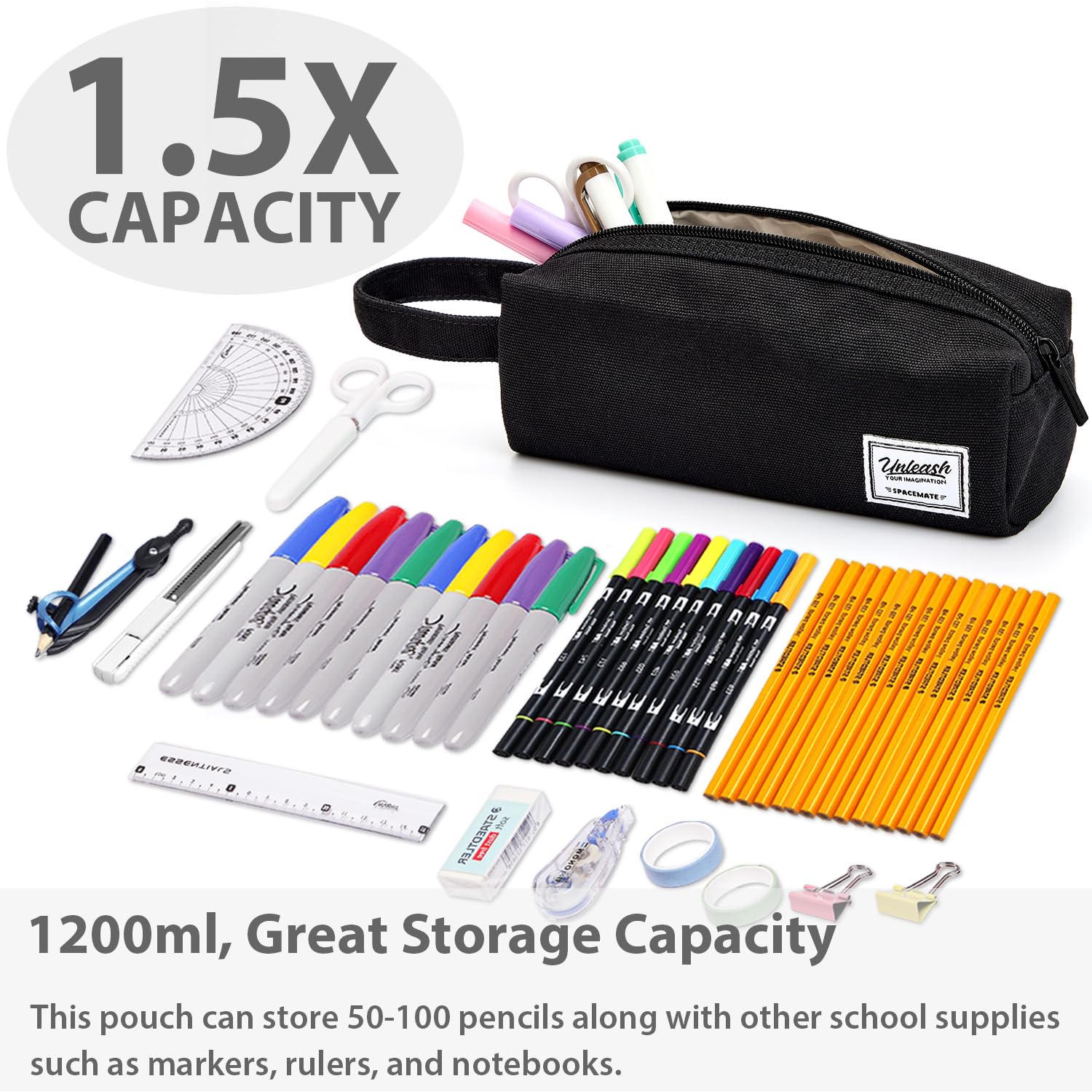 Pencil Case Pouch Box Bag School Supplies Girls Boys Kids, Cute Preppy Stuff Large Big Capacity Aesthetic Canvas Pen Organizer, Back to College Stationary, Black, Simple Style, 1200ml