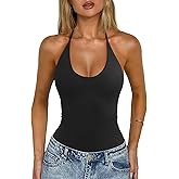 REORIA Bodysuits for Women Sexy Halter Tie Back Deep U Neck Bodysuit Backless Cami Tank Top