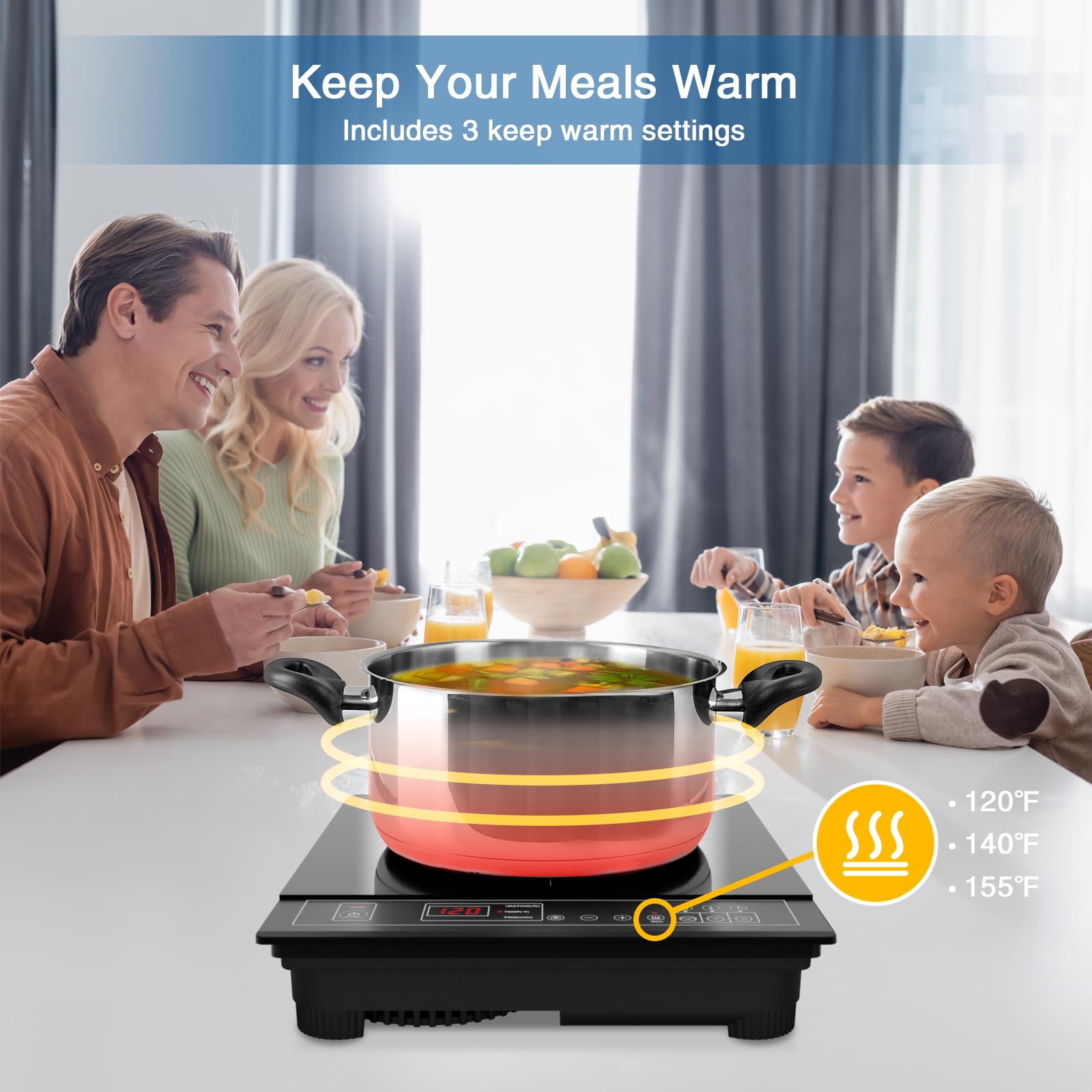 XKitchen Portable Induction Cooktop, 1800W Induction Burner with 9 Power levels, 12 temperature levels(140℉-465℉), Safety Lock, 3-Hour Timer, Countertop Burner with Warm Function, Black, 110V