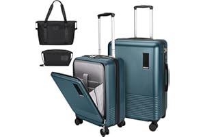 WireHot 2 Piece Luggage Sets with Spinner Wheels Front Open Pocket, ABS+PC Suitcase with TSA Lock & YKK Zipper, Carry On 20/24 inch Medium +Toiletry Bag+Handbag, Teal Blue