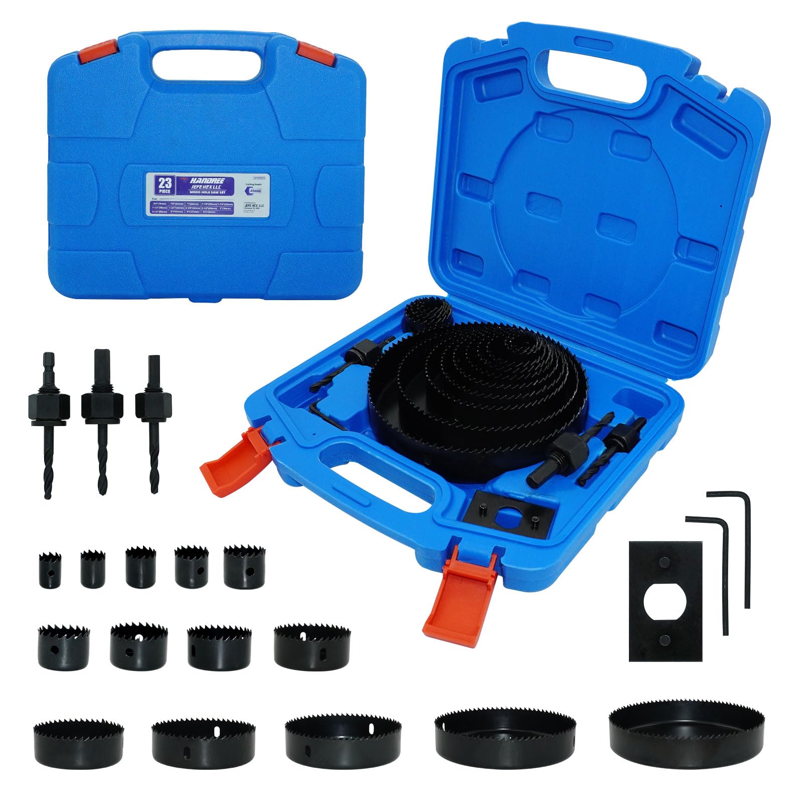 Photo 1 of Handree Hole Saw Kit, 23PCS Hole Saw Set with 3/4" to 6" (19mm-152mm) Saw Blades, 1/4" Hex Shank?3/8"&1/4" Three Flats Shank, Ideal for Wood, Plastic, PVC Board, Drywall with Storage Case