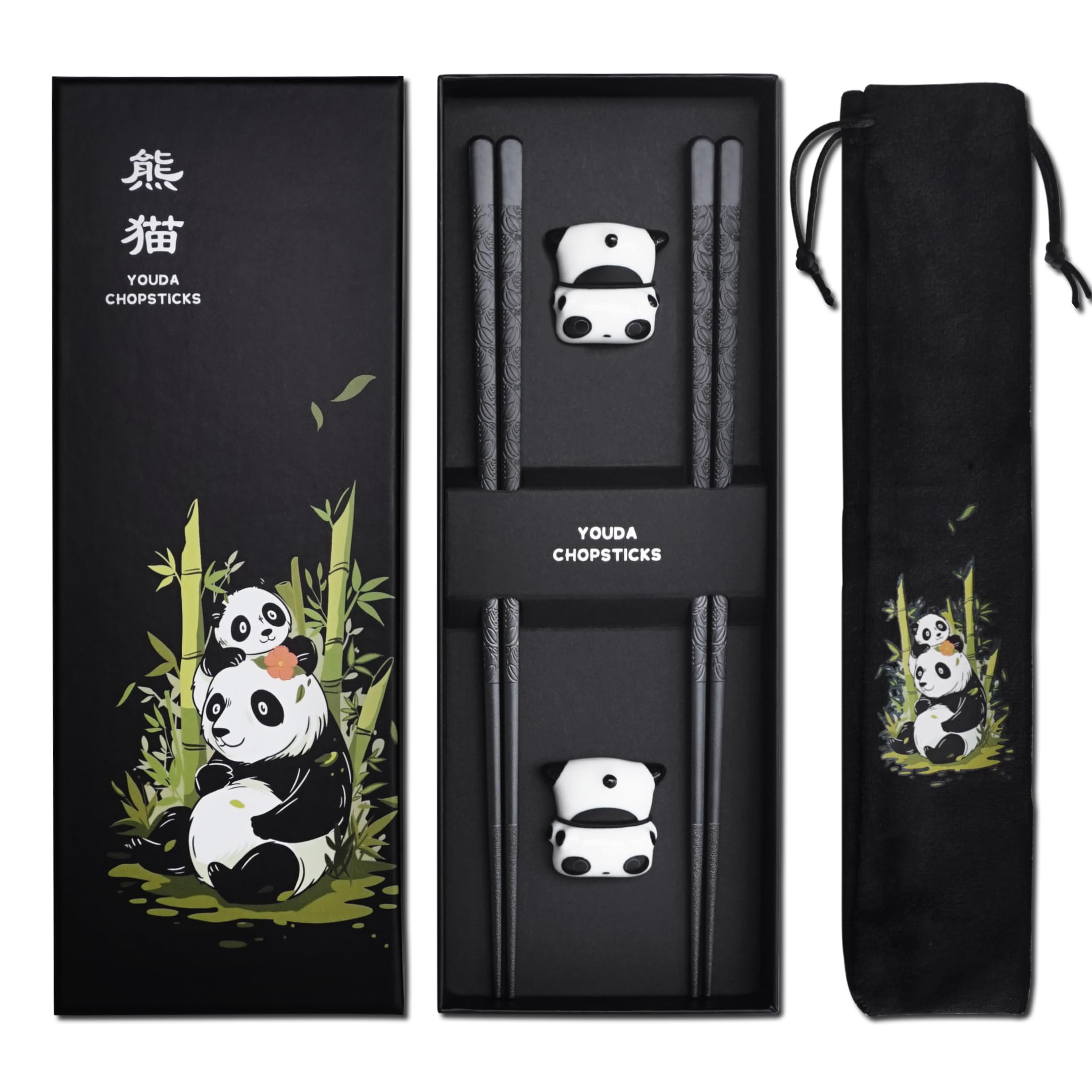 Reusable Fiberglass Chopsticks With Holder - Chinese Gift Set, Dishwasher Safe Alloy Utensils + Ceramic Cute Panda Rest (2 Pairs)