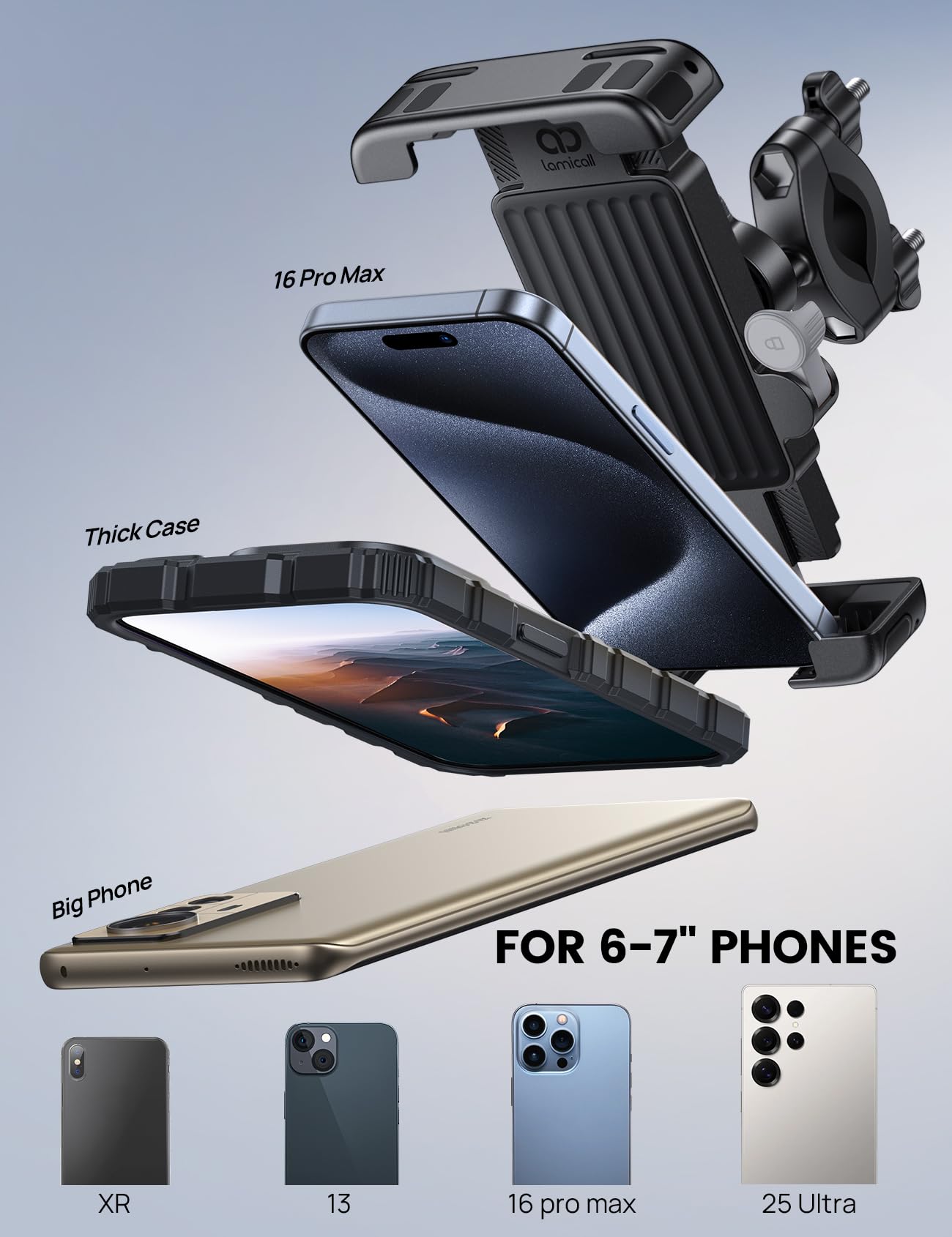 Lamicall Bike Motorcycle Phone Mount - [1s Quick Lock] Bike Cell Phone Holder Clip, Bicycle Scooter Handlebar Clamp, for iPhone Air, 17 16 15 Pro Max, Galaxy S25 S24 Ultra, More 6-7