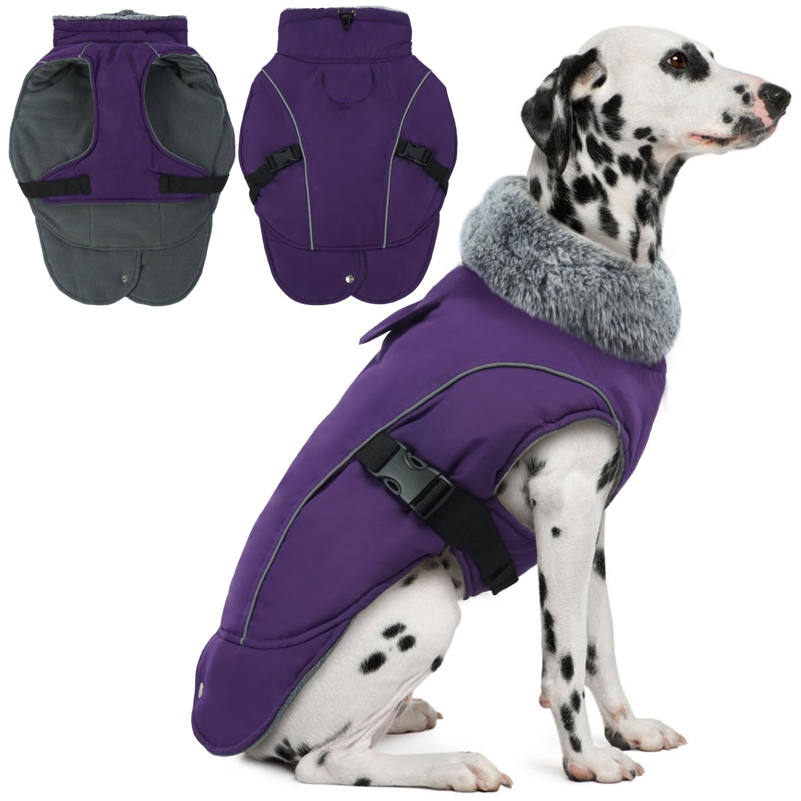 DENTRUN Winter Warm Dog Coat Reflective Jacket with Turtleneck for Cold Weather, Adjustable Buckle Windproof Water Repellent, Thick Snowsuit Fleece Vest for Small, Medium, Large Dogs, Purple, XXL Image