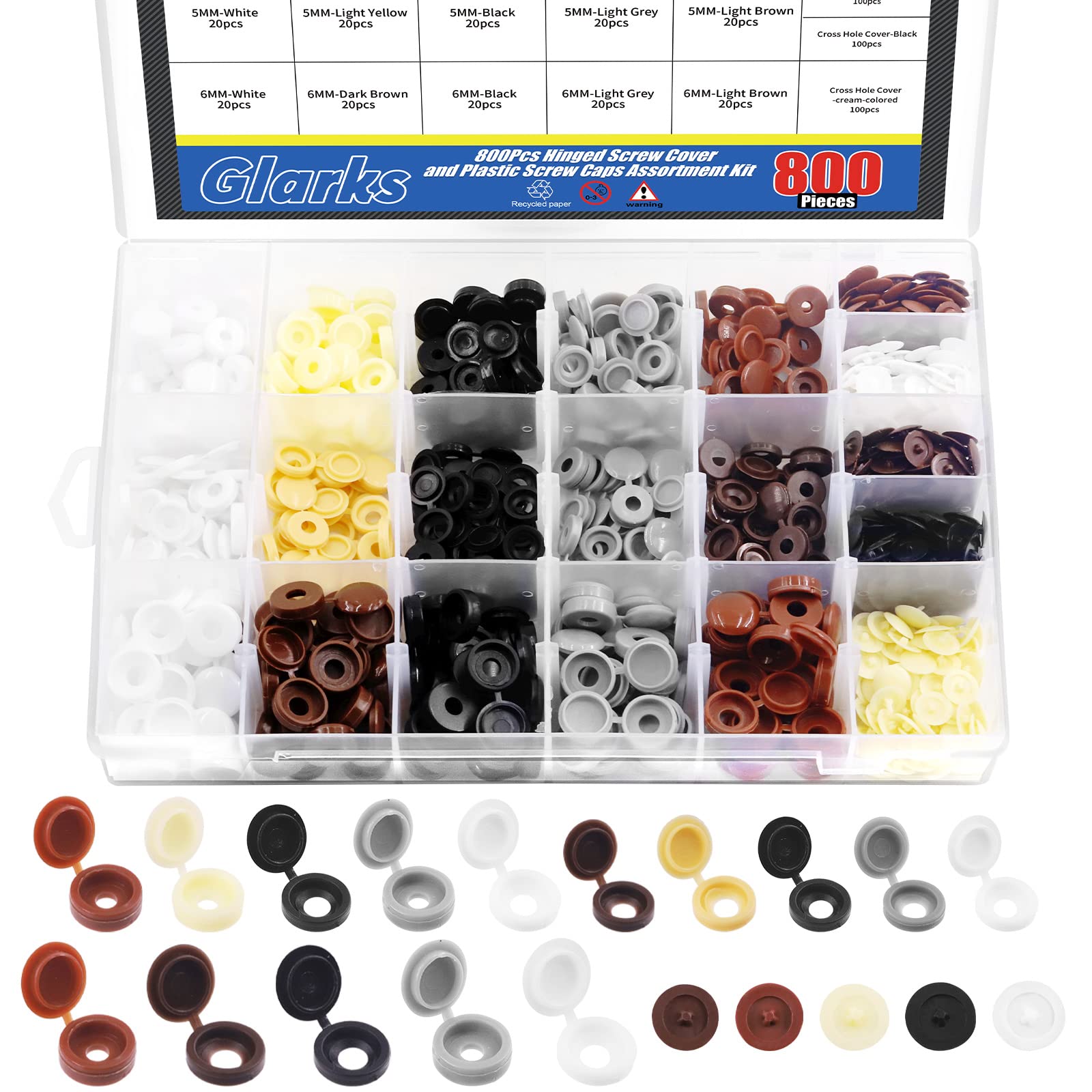 Glarks 800Pcs Assortment Kit, 300Pcs Hinged & Snap, Flip Top Cap Covers (9 Colors, 4mm-6mm), 500Pcs Phillips Screw Cap Covers