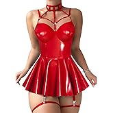 Foxiny Sexy Strappy Leather Underwire Choker Garter Belt Mini Lingerie Set Dress with Thong 3 Piece