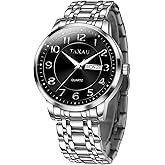 Taxau Watches for Men Stainless Steel Waterproof Two Tone Luxury Casual Silver Wrist Watch Quartz Analog Business Big Face Classic Dress Mens Watches with Day Date