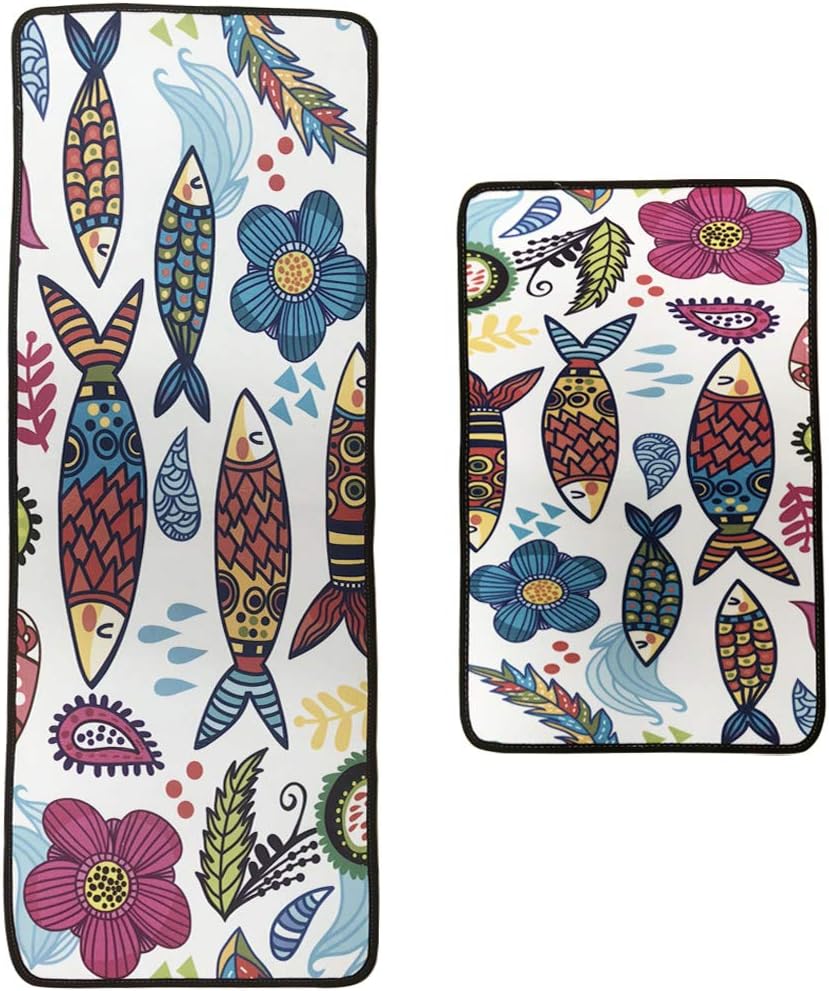 Leebei Kitchen Mats Non slip Mats Doormats Bedroom Bathroom Area Rugs Carpet,Polyester Absorbent Floor Mats (2pcs-Colorful-fish)