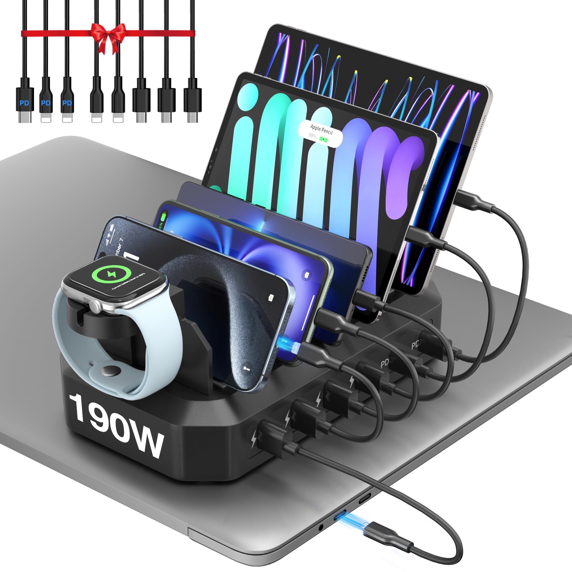 Photo 1 of 190W Fast Charging Station for Multiple Devices?Efficient & Safe Charging? 6 Port USB Charger Station - Family Multi-Device Organizer Charging Dock Compatible with iPhone/Android/MacBook/iPad/Tablet