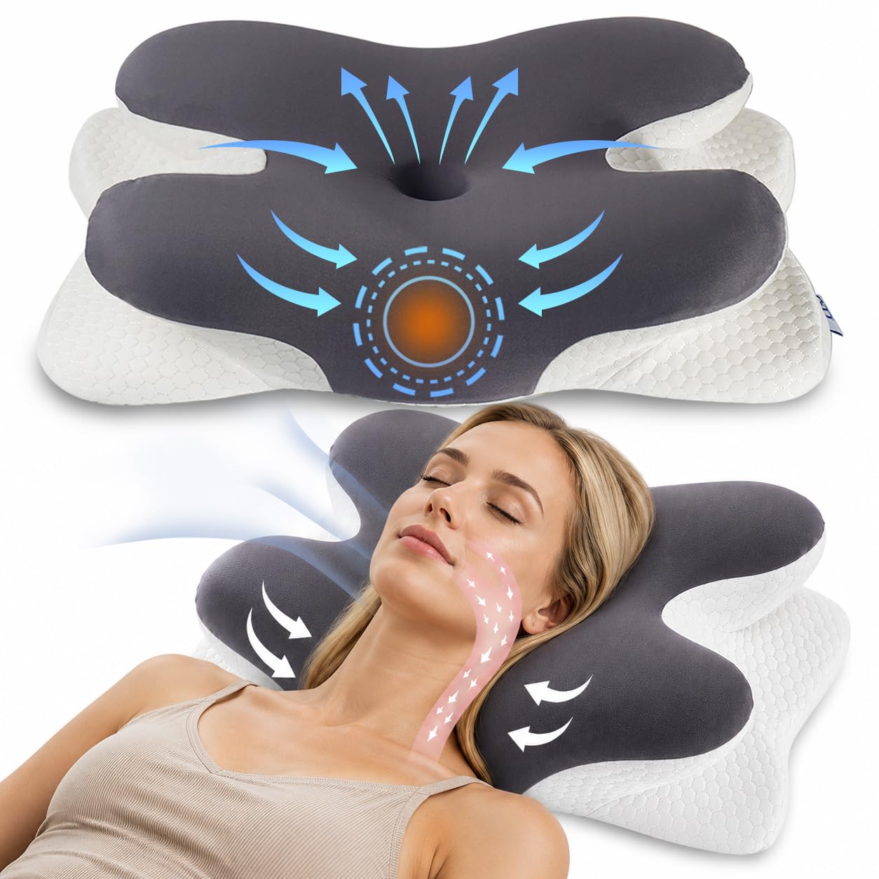 IDEA Nackenstützkissen aus Memory Foam, ergonomisches Kopfkissen & orthopädisches Kissen mit Kühlbezug, gegen Nackenschmerzen und Schnarchen, für Seiten-, Rücken- und Bauchschläfer, 62x40 cm