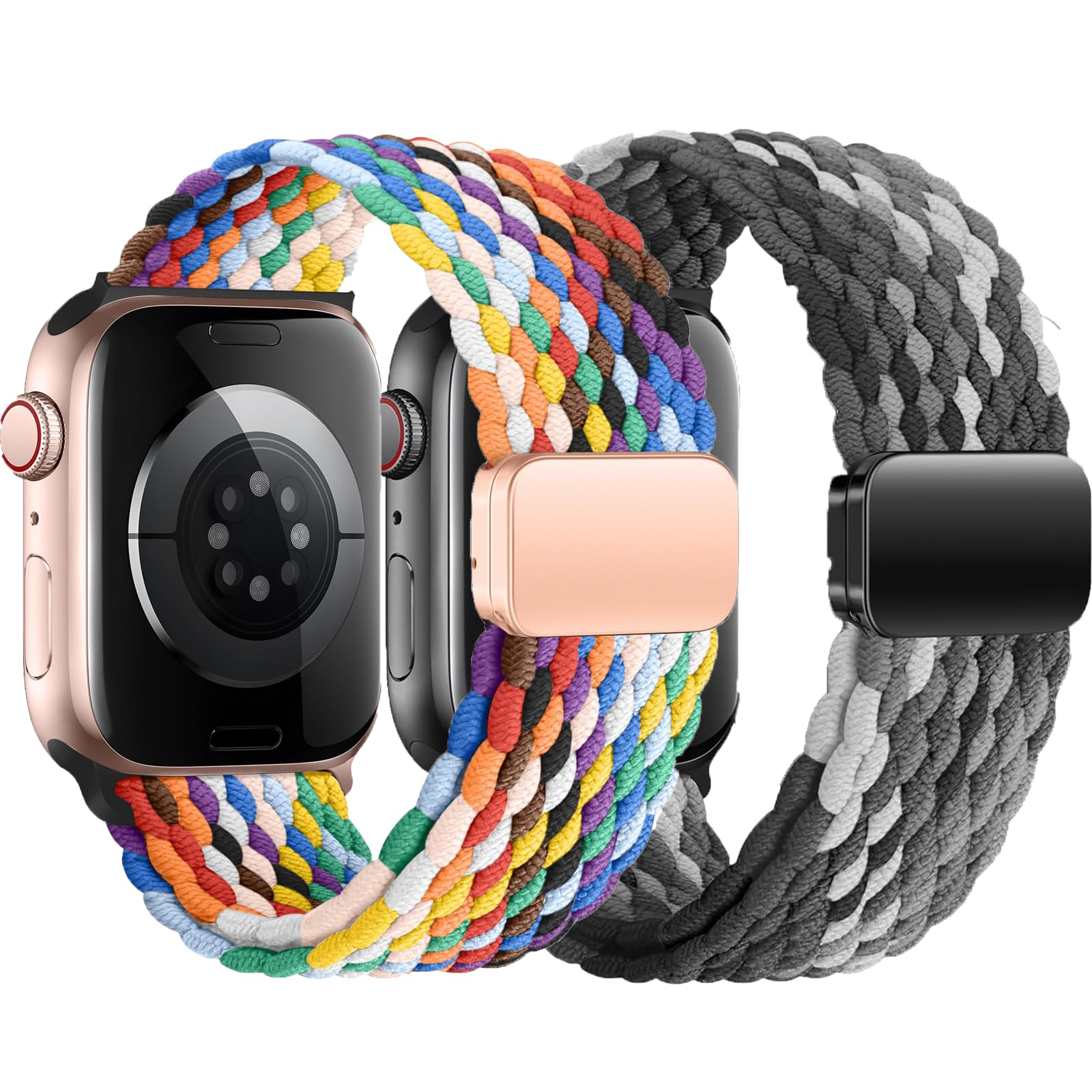 Braided Straps for Apple Watch Strap Ultra/2 49mm 46mm 45mm 44mm 42mm 41mm 40mm 38mm Men Women,2 Pcs Nylon Stretchy Sport Loop Magnetic Clasp Band for Apple Watch Ultra2 Series 10/9/8/7/6/5/4/3/2/SE