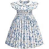 Girls Smocked Blue Dress Toddler Floral Summer Dress Vintage Dresses Kindergarten Graduation Dress