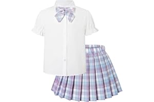 Betusline Girls Skirt Set JK School Uniform 2-Piece Outfit - Short Sleeve Shirt with Bow & Pleated Skirt 6-14 Years