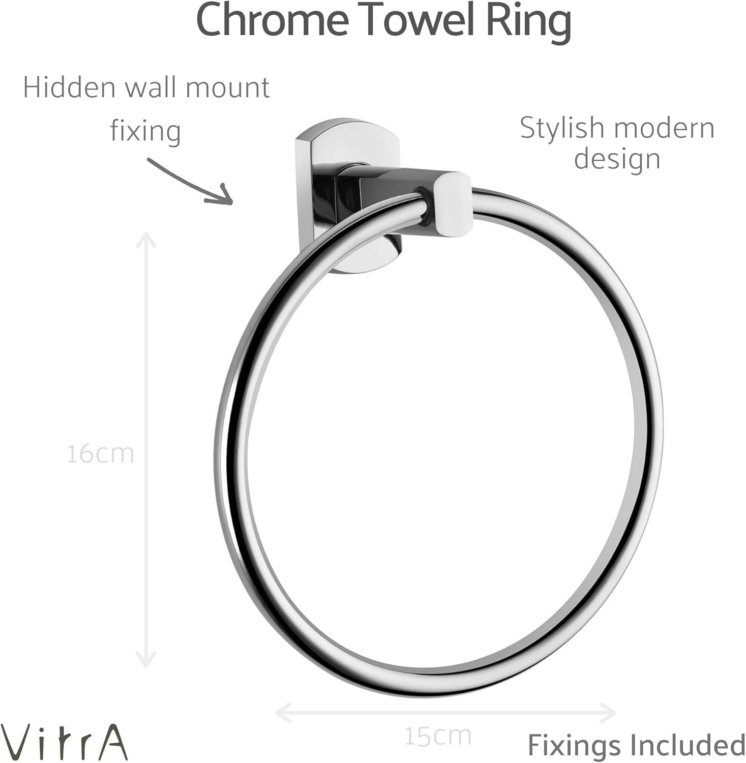 Vitra Bathroom Accessory Set, 5 Piece Bathroom Accessory Pack, Includes Wall Mounted Chrome Towel Ring and Toilet Roll Holder - Image 4