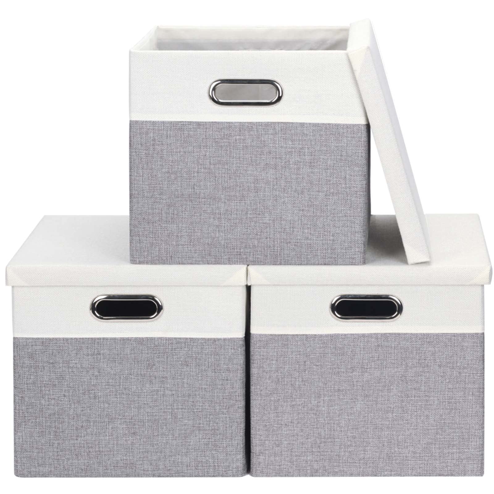 Febzoce Storage Boxes with Lids, Storage Cubes for Unit Shelves Collapsible Fabric Storage Basket Toy Box Organizer Light Grey and White 30 x 30 x 30 cm 3 Pack