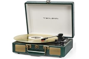 TANLANIN Vintage 3-Speed Bluetooth Portable USB Suitcase Record Player with Built-in Speakers | Upgraded Vinyl Turntable Audio Sound| Includes Extra Stylus & Mat | Green