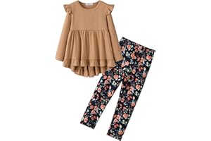 Yekaty Girls Clothes Ruffle Shoulder High Low Hem Long Sleeve Top and Floral Pants 2 Piece Fall Outfits Clothing Set