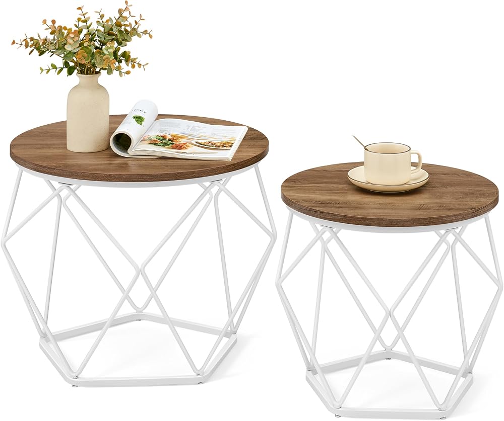 VASAGLE Round Coffee Table Set of 2 Honey Brown Cloud White LET040K41