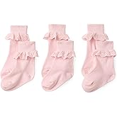 Amazon Essentials Girls' Ankle Socks with Eyelet Lace Ruffle, Fold-Over Cuff, 3 Pairs