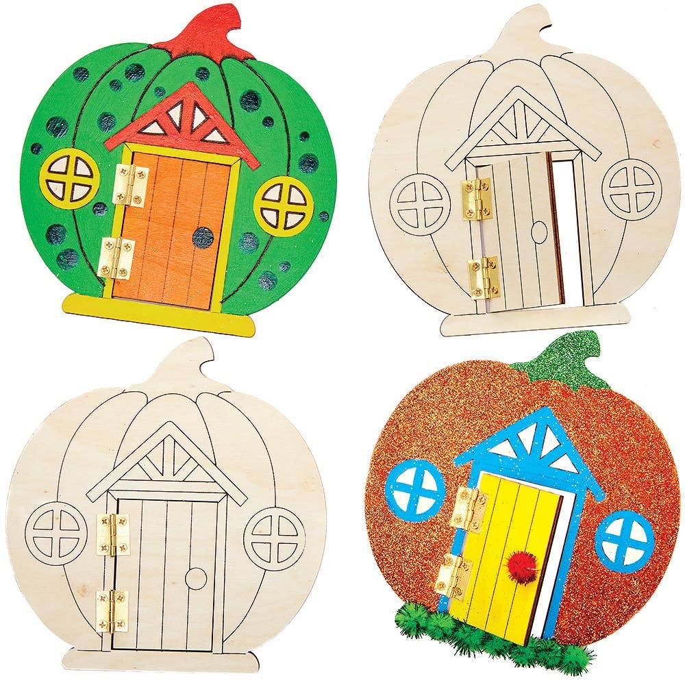Baker Ross FX250 Pumpkin Wooden Fairy Doors - Pack of 4, Halloween Wood Craft Decoration Craft Kit for Kids