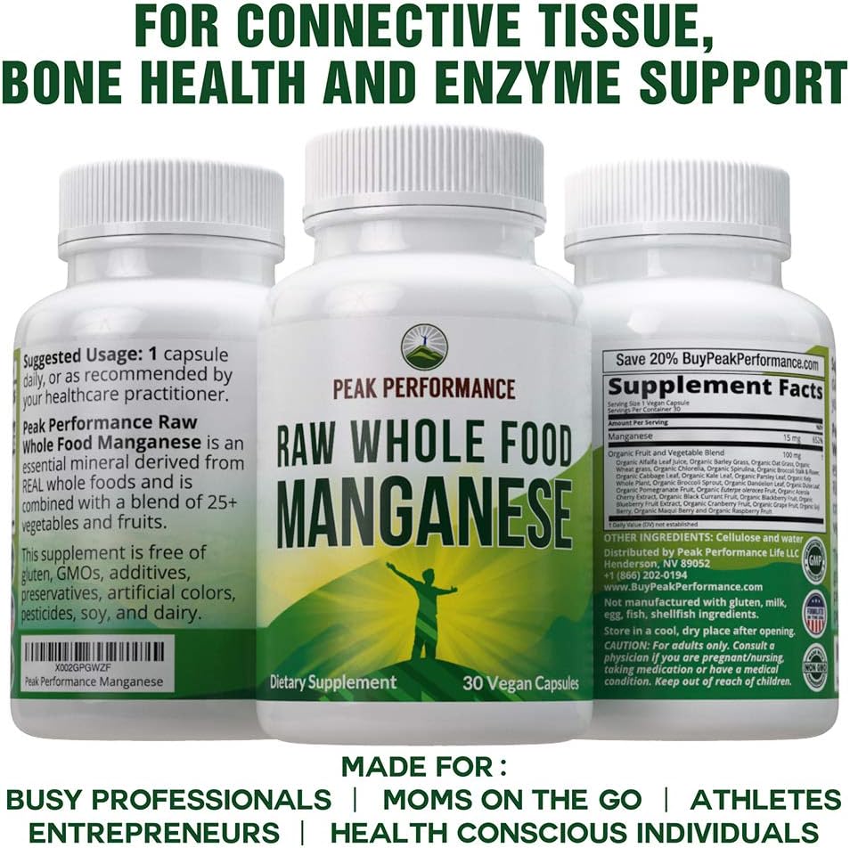 Raw Whole Food Manganese Supplement - Pure Trace Mineral Capsules for Connective Tissue, Bone Health and Enzyme Support. Blended with 25+ Organic Vegetables and Fruits. Superior Absorption. 30 Pills: Health & Personal Care