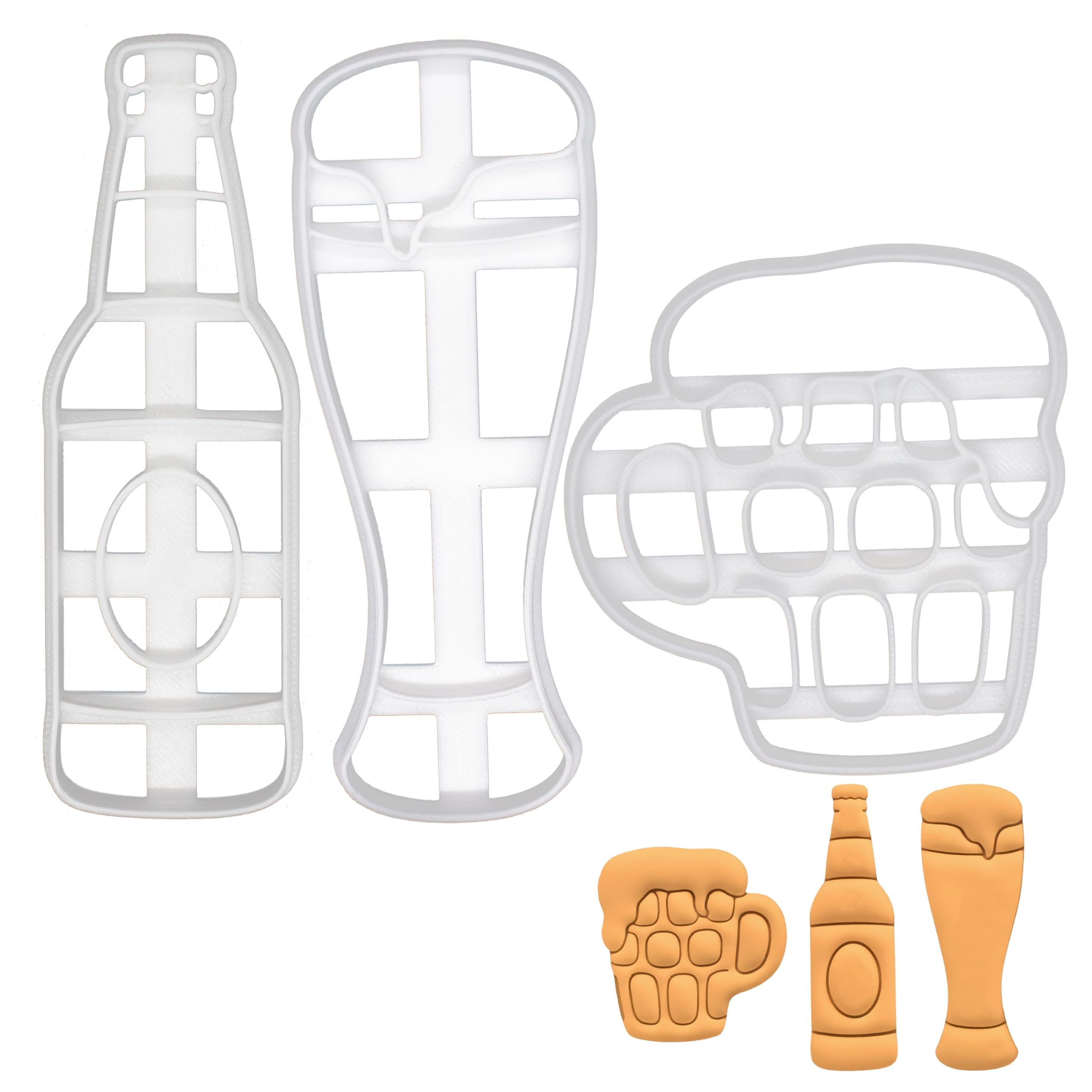 BAKERLOGY Set of 3 Beer Glass Cookie Cutters (Designs: Beer Bottle, Weizen Glass, and Dimpled Beer Mug) - Detailed Biscuit Cutter Design for Baking and Crafts, Ideal on Fondant, Dough, Clay