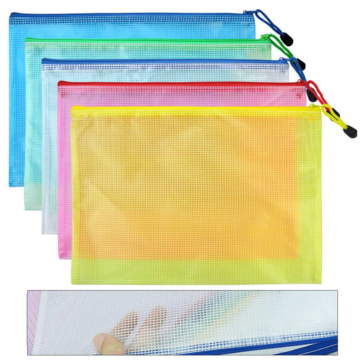 Lystaii 15pcs A4 Plastic Wallet Zip File Bags Waterproof PVC Document Bags Filing Folder for Offices School Supplies 5 Colors