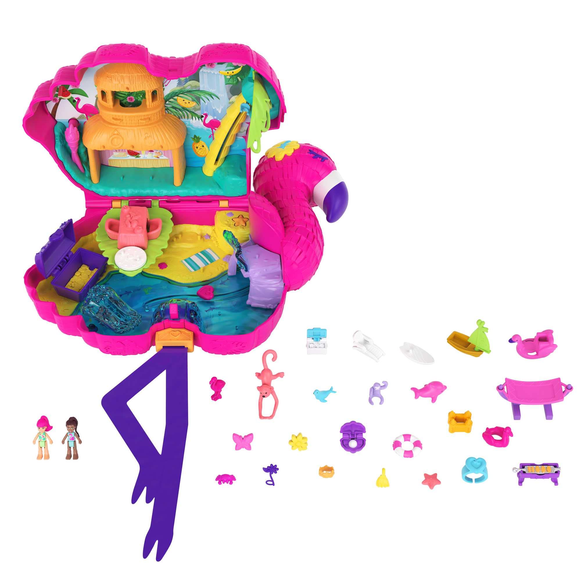 Polly Pocket Mini Toys | Large Compact Playset with 2 Micro Dolls and Accessories | Flamingo Party | Travel Toys and Gifts for Kids​​​​