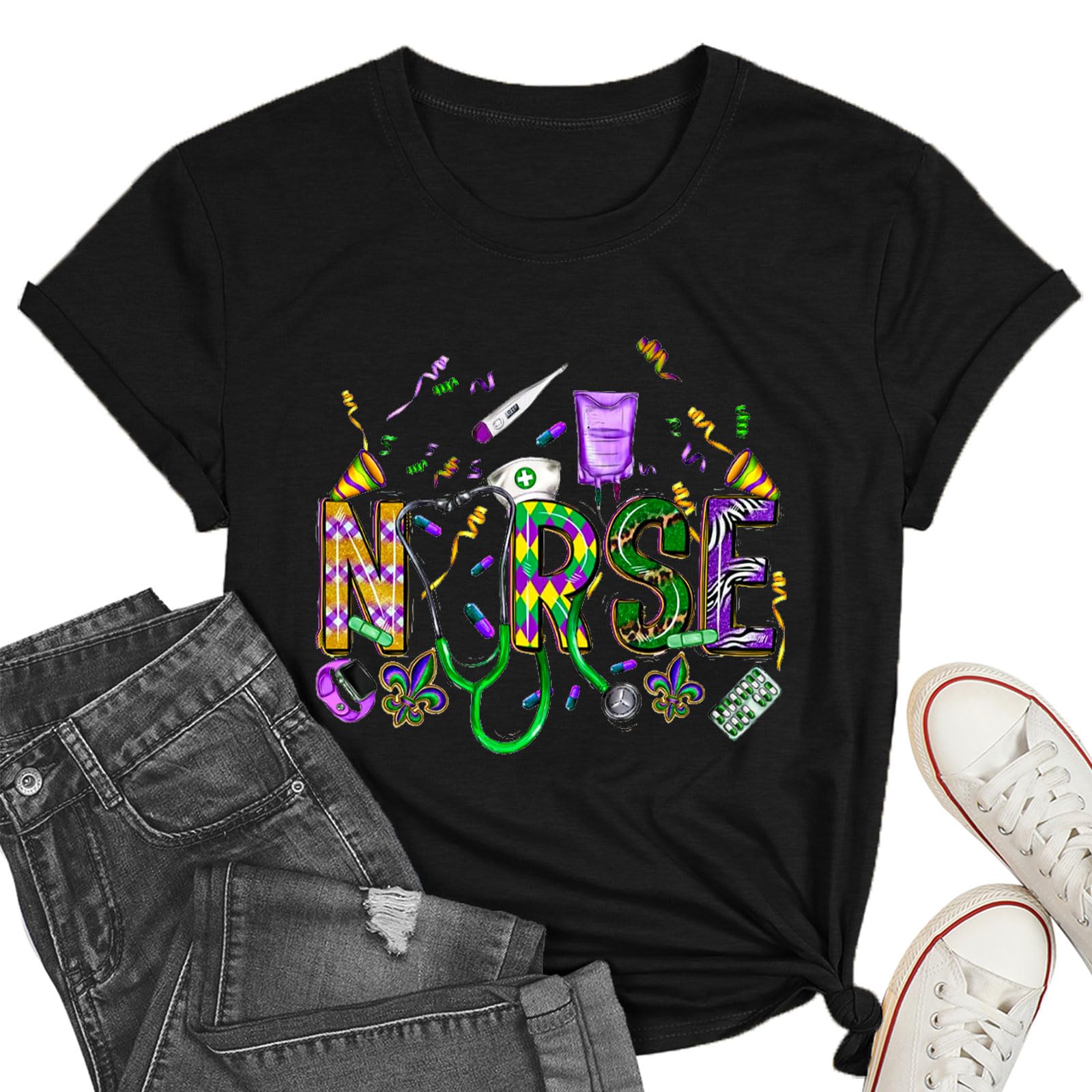 Nurse Mardi Gras Shirt Womens Mardi Gras Day Tshirt:Tuesday Carnival Tee New Orleans Party Short Sleeve