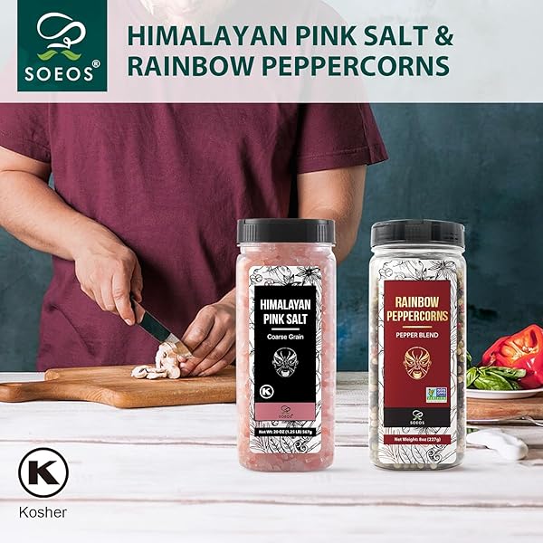 SOEOS HIMALAYAN PINK SALT AND RAINBOW PEPPERCORN GRINDER REFILLS, 18OZ SALT & 8OZ PEPPERCORNS, KOSHER SEASONING SET FOR COOKING