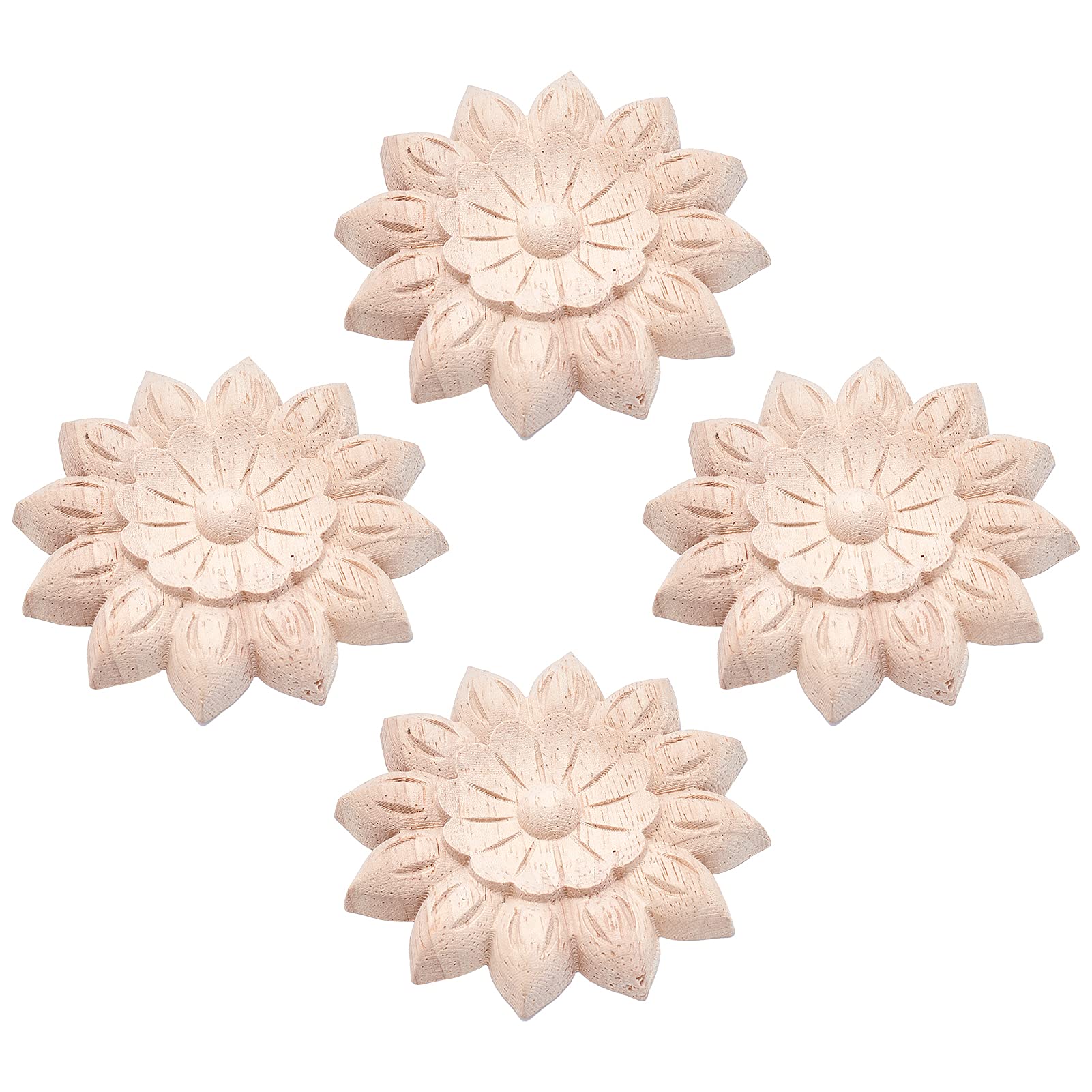 GORGECRAFT 4PCS Wooden Carved Onlay Appliques Flower Carving Decal Corner Craft Unpainted Furniture Home Decoration Wood Carving Decal for Dresser Bed Door Cabinet Wardrobe Ceiling 7.5x7.7cm