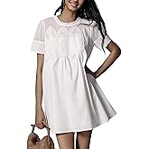 VATEAMI Womens Summer Lace Mini Babydoll Dress Ruffled Collar Short Sleeve Loose Mesh Swing Elegant Flared Sundress (White01-X-Large)