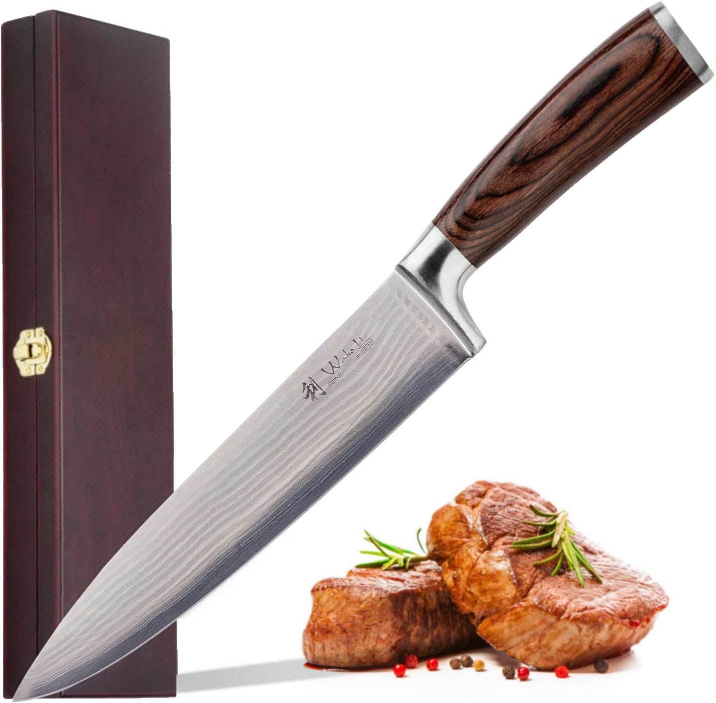 Wakoli Damastmesser Chefmesser 20 cm Klinge extrem scharf aus 67 Lagen I Scharfes Damast Küchenmesser und Profi Kochmesser aus echtem Damaststahl mit Pakkaholz Griff