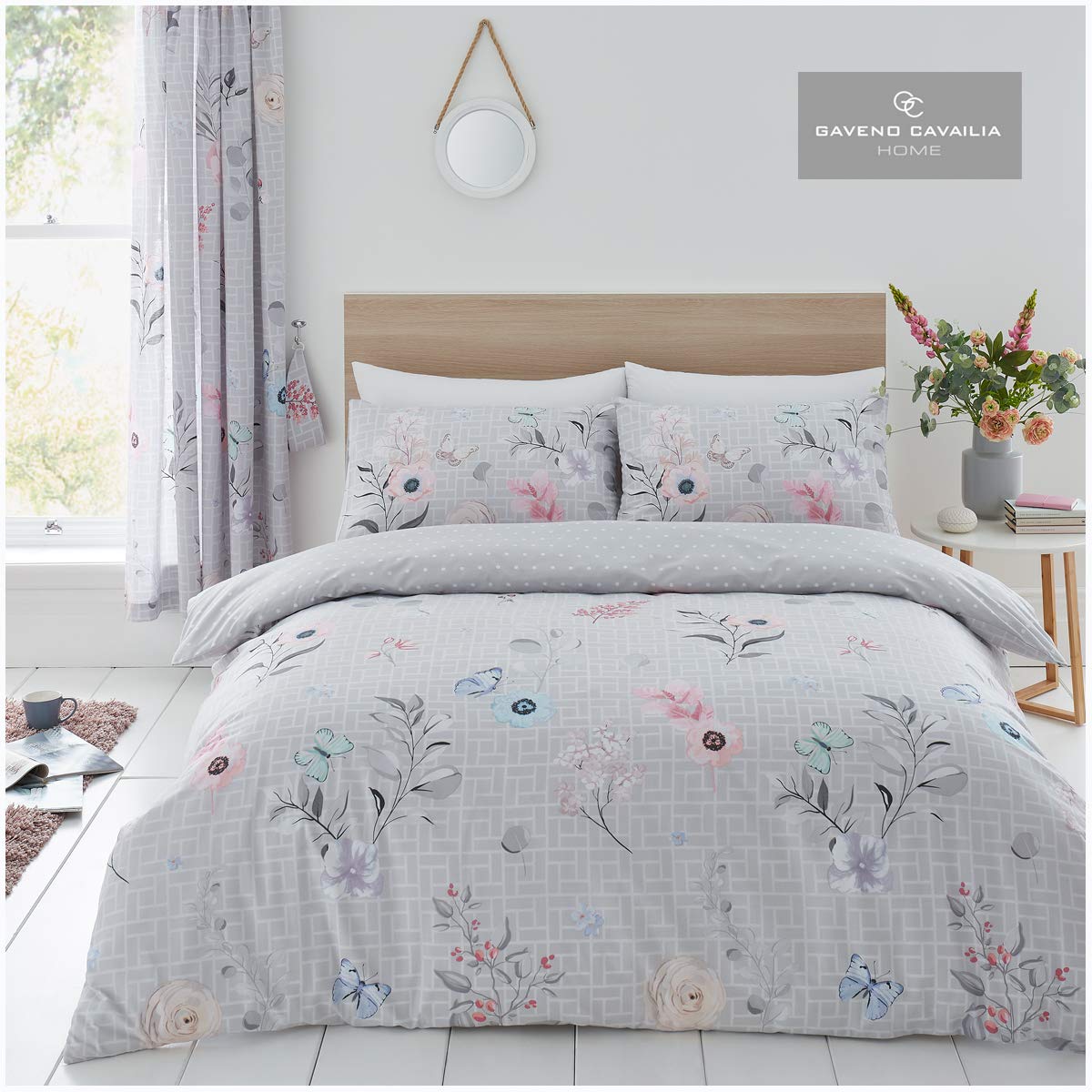 Gaveno Cavailia Botanical Duvet Set Cecilia Grey Double, 3 Piece Cotton Blend Polka Dot Reversible Floral Bedlinen, Easy Care Bedset, 1 Quilt Cover + 2 Pillow Cases