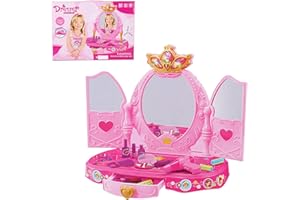 COLOR TREE Dresser Vanity Beauty Set | Pink Princess Pretend Play Dressing Table Top Set with Makeup Mirror, Jewelry and Accessories | Music and Lights for Little Girls (Crown)
