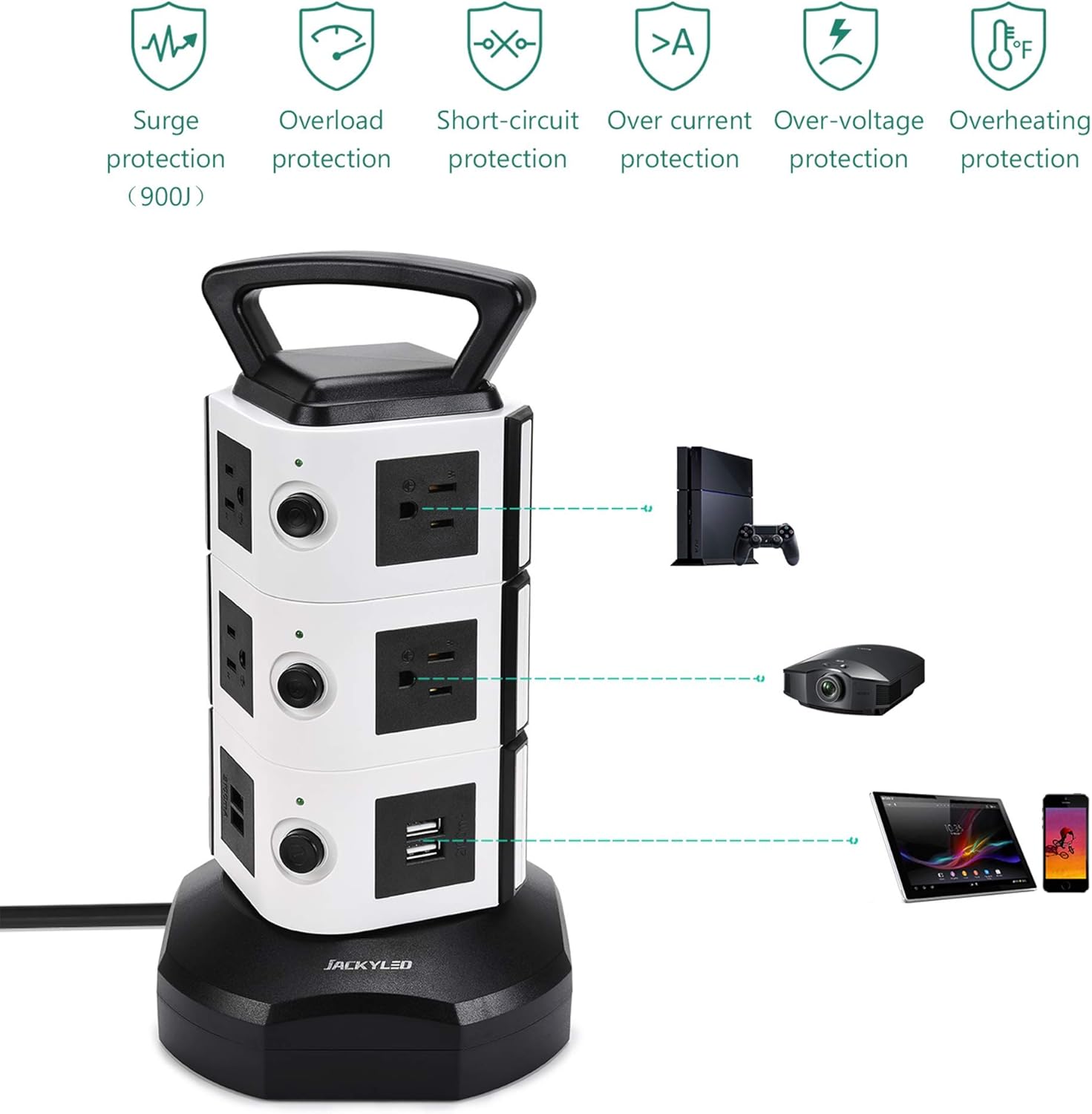 Power Strip Tower JACKYLED Surge Protector Electric Charging Station 3000W 13A 10 Outlets 4 USB Ports with 16AWG 6.5ft Heavy Duty Extension Cord for Home Office: Home Improvement