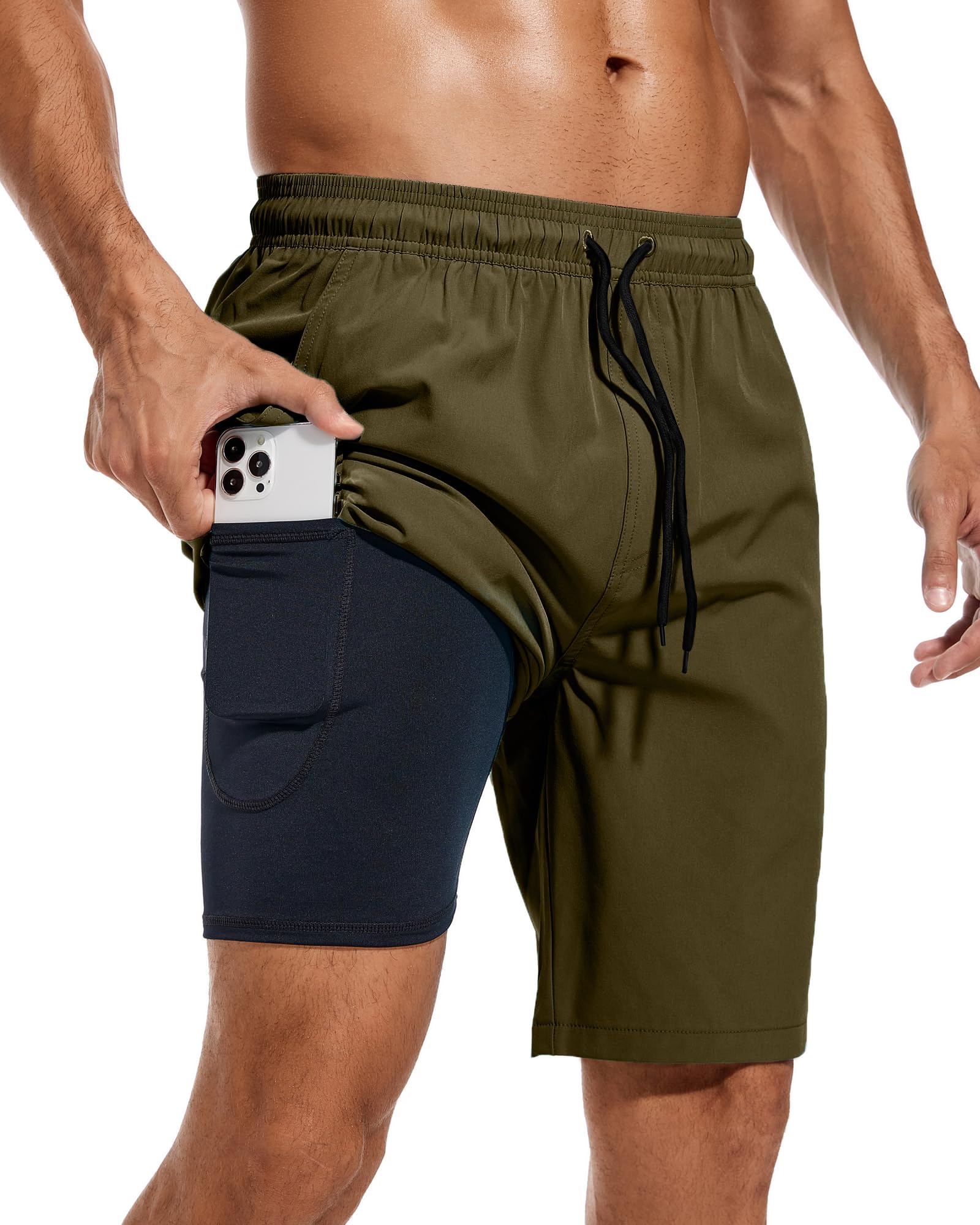 difficort Mens Swim Trunks Quick Dry Bathing Suit 9 inch Inseam Board Shorts with Compression Liner and Zipper Pocket,Army Green,Large Image