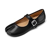 Cuctos Women Tabi Flats Round Split Toe Ballet Shoes Buckle Strap Low Heels Mary Janes Faux Leather Ballerina Moccasins