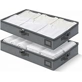 4" Low Profile Under Bed Storage Bins (2-Pack, Charcoal Grey), Slim 600D Oxford Organizer Containers with Matching Vegan Leather Handles &amp; Clear Window, for Shoes, Clothing &amp; Under-Sofa Storage