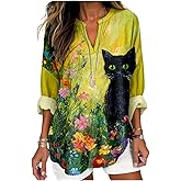 MARSVOVO Cat Shirts for Women Long Sleeve Cute Cat Pullover Graphic Novelty V Neck Blouse Oversized Funny Tunic Tops