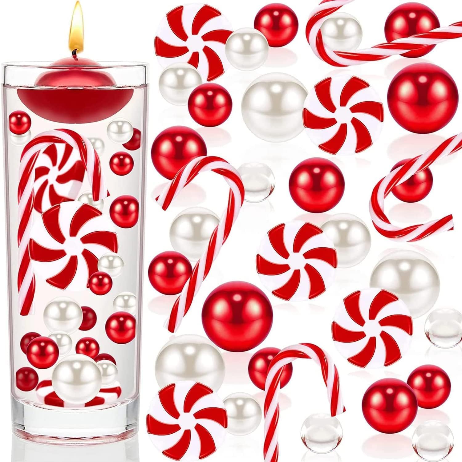 Vase Fillers - 10106Pcs Christmas Vase Fillers Floating Pearls Candles and Candy Water Beads Christmas Filler Floating Faux Pearls for Vase Filler Table Centerpieces Christmas Home Party Festival Decoration