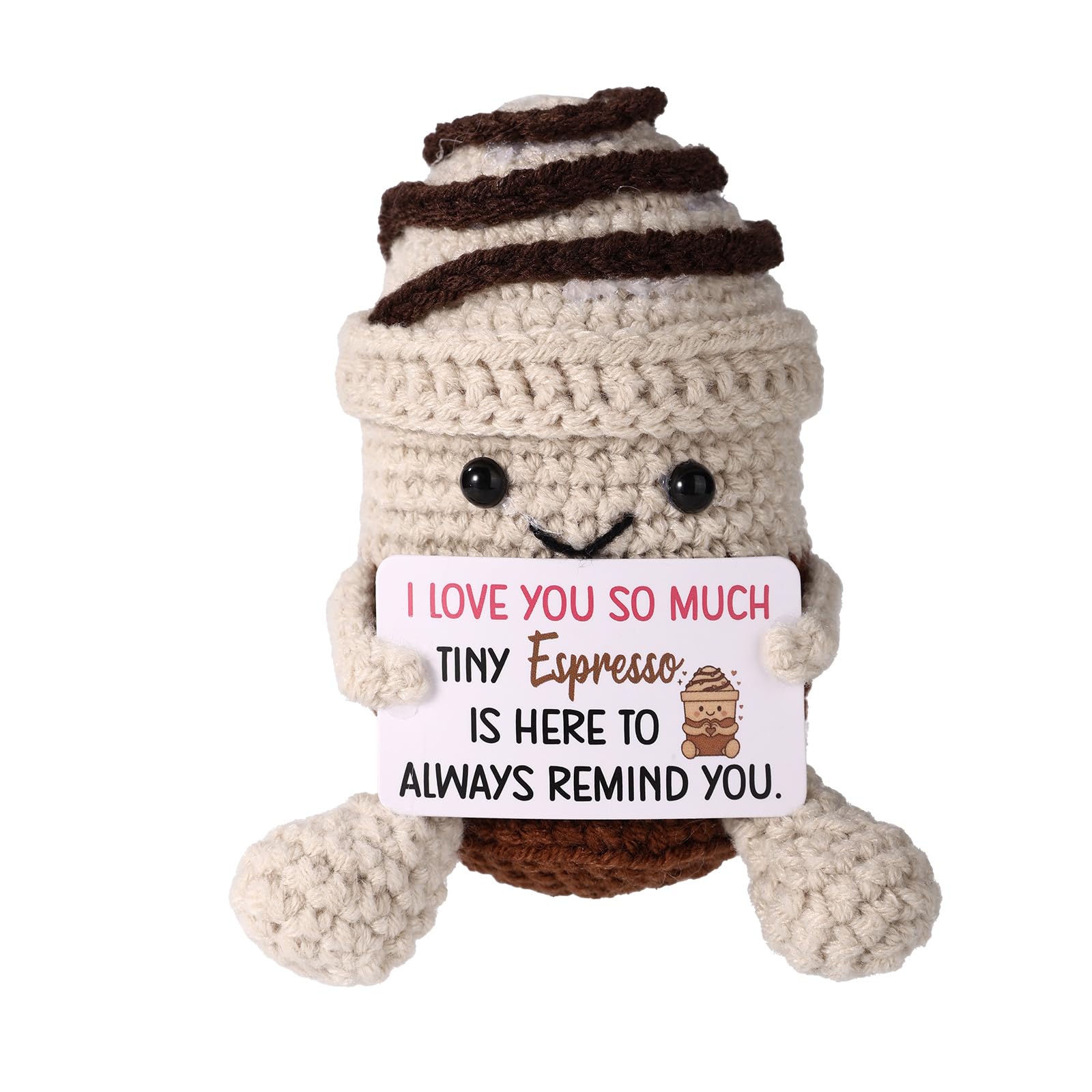 TOYMIS Positive Knitted Coffee, Handmade Crochet Coffee with Couple Card Inspirational Emotional Plush Positive Support Doll Motivational Toy Decor Lover Gifts for Couples Him Her