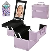 GALHUBIS Makeup Train Case, Portable Makeup Case with Mirror, 2-Trays Cosmetic Organizer Case,Nail Polish Organizer, Travel Makeup Box, Profesional for Salon Barber, Purple
