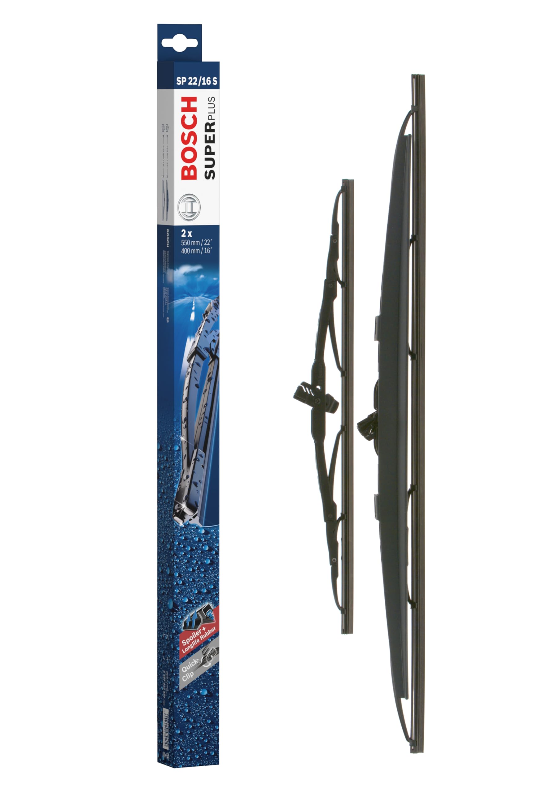 Bosch SuperPlus SP 22/16 S - Front Windscreen Wiper - Replacement Blade, Comes with Pre-assembled Quick-Clip Adapter - 1 Blade, 550mm/400mm