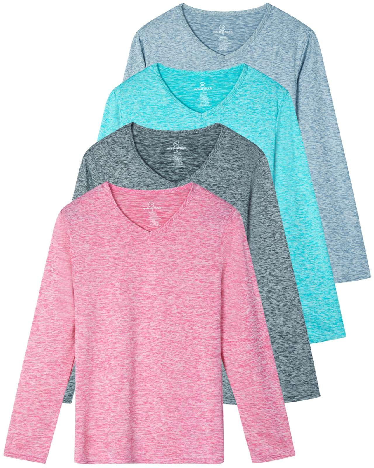 Photo 1 of 4-Pack: Womens Dry-Fit Long Sleeve V-Neck Shirt Tops T-Shirt Fashion Workout Gym Tees Athletic Active Adult Ladies Tshirt Clothing Fall Casual Outfit V Running Activewear Exercise UPF - Set 1, XXL