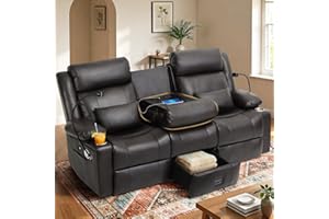 ABCASA 3 Seater Recliner Sofa, Manual Reclining Couch with Flip Middle Backrest, Phone Holder, Side Pocket, Drawer, Power Outlet, Reclining Sleeper for Home Theater & RV (PU Leather - Brown)