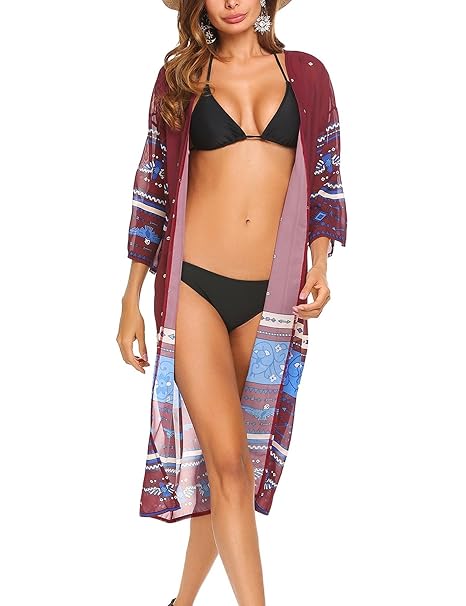 Teewanna Womens Beach Cover Up Swimsuit Boho Kimono Cardigan Loose Chiffon Beach Dress
